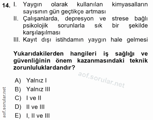 14. soru: 1. Yaygın olarak kullanılan kimyasalların sayısının gün geçtikçe artması II. Çalışanlarda, depresyon ve strese bağlı…