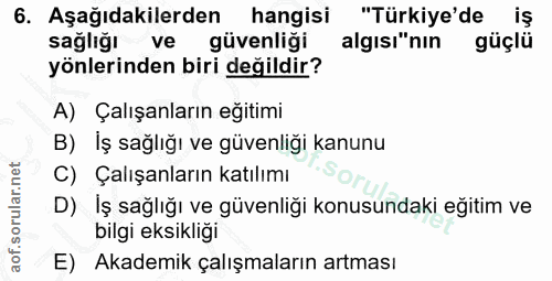 6. soru: Aşağıdakilerden hangisi "Türkiye'de iş sağlığı ve güvenliği algısı"nın güçlü yönlerinden biri değildir? A) Çalışanlar…