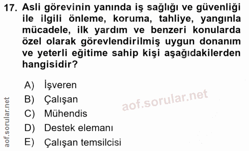 17. soru: Asli görevinin yanında iş sağlığı ve güvenliği ile ilgili önleme, koruma, tahliye, yangınla mücadele, ilk yardım ve b…