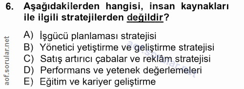 6. soru: Aşağıdakilerden hangisi, insan kaynakları ile ilgili stratejilerden değildir? A) İşgücü planlaması stratejisi B) Yöne…