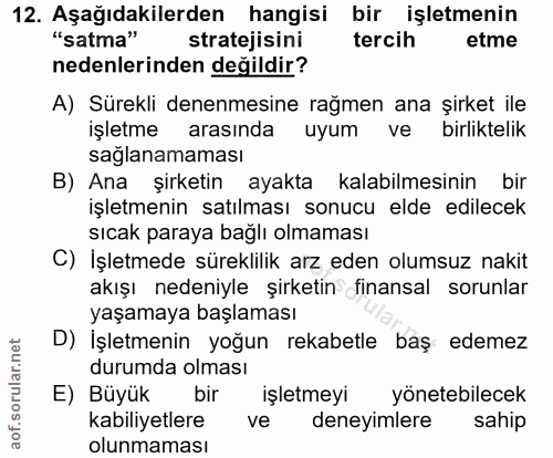 12. soru: Aşağıdakilerden hangisi bir işletmenin "satma" stratejisini tercih etme nedenlerinden değildir? A) Sürekli denenmesin…