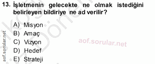 13. soru: İşletmenin gelecekte ne olmak istediğini belirleyen bildiriye ne ad verilir? A) Misyon B) Amaç C) Vizyon D) Hedef • E…