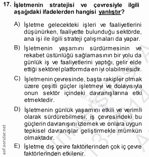 17. soru: İşletmenin stratejisi ve çevresiyle ilgili aşağıdaki ifadelerden hangisi yanlıştır? A) İşletme gelecekteki işleri ve…