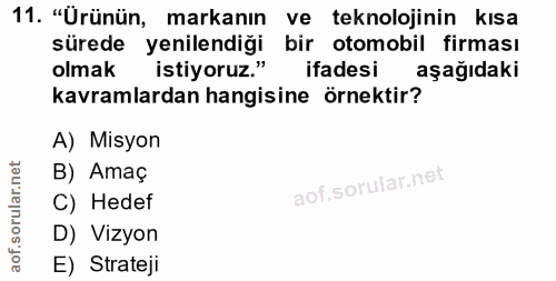 11. soru: "Urünün, markanın ve teknolojinin kısa sürede yenilendiği bir otomobil firması olmak istiyoruz." ifadesi aşağıdaki ka…