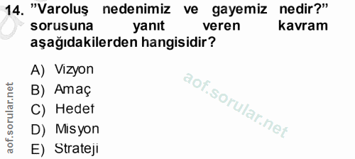 14. soru: "Varoluş nedenimiz ve gayemiz nedir?" sorusuna yanıt veren kavram aşağıdakilerden hangisidir? A) Vizyon B) Amaç C) He…