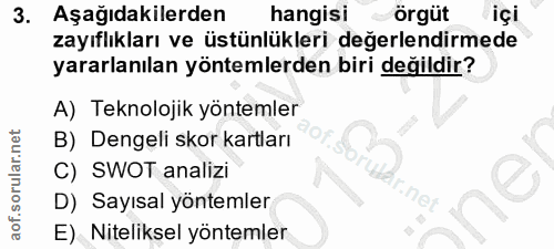 3. soru: Aşağıdakilerden hangisı örgüt içi zayıflıkları ve üstünlükleri değerlendirmede yararlanılan yöntemlerden biri değildi…