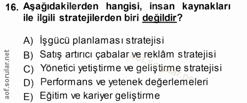 16. soru: Aşağıdakilerden hangisi, insan kaynakları ile ilgili stratejilerden biri değildir? A) İşgücü planlaması stratejisi B)…