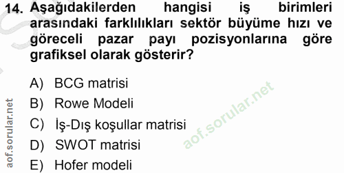 14. soru: Aşağıdakilerden hangisi iş birimleri arasındaki farklılıkları sektör büyüme hızı ve göreceli pazar payı pozisyonların…