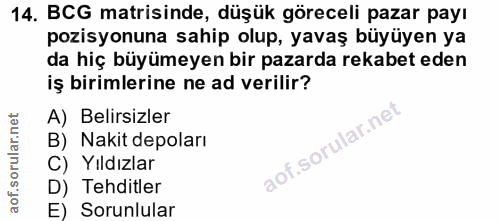 14. soru: BCG matrisinde, düşük göreceli pazar payı pozisyonuna sahip olup, yavaş büyüyen ya da hiç büyümeyen bir pazarda rekab…