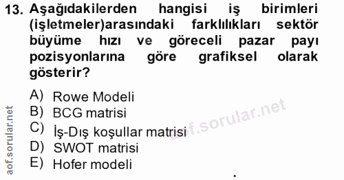 13. soru: Aşağıdakilerden hangisi iş birimleri (işletmeler)arasındaki farklılıkları sektör büyüme hızı ve göreceli pazar payı p…