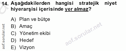 14. soru: Aşağıdakilerden hangisi stratejik niyet hiyerarşisi içerisinde yer almaz? A) Plan ve bütçe B) Amaç C) Yönetim ekibi D…