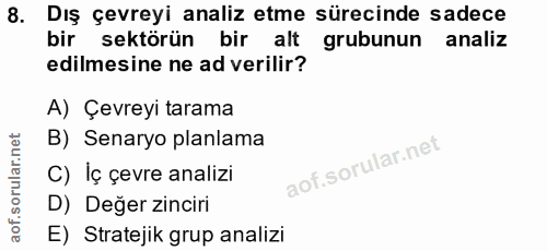 8. soru: Dış çevreyi analiz etme sürecinde sadece bir sektörün bir alt grubunun analiz edilmesine ne ad verilir? A) Çevreyi ta…