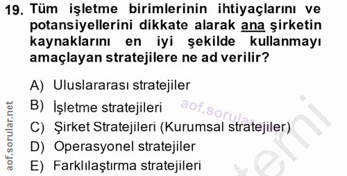 19. soru: Tüm işletme birimlerinin ihtiyaçlarını ve potansiyellerini dikkate alarak ana şirketin kaynaklarını en iyi şekilde ku…