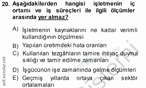 20. soru: Aşağıdakilerden hangisi işletmenin iç ortamı ve iş süreçleri ile ilgili ölçümler arasında yer almaz? A) İşletmenin ka…
