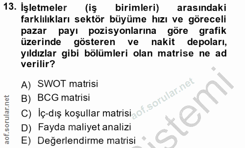 13. soru: İşletmeler (iş birimleri) arasındaki farklılıkları sektör büyüme hızı ve göreceli pazar payı pozisyonlarına göre graf…
