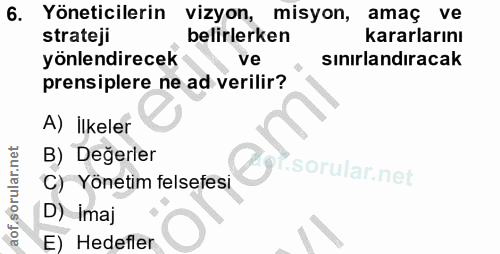 6. soru: Yöneticilerin vizyon, misyon, amaç ve strateji belirlerken kararlarını yönlendirecek ve sınırlandıracak prensiplere n…
