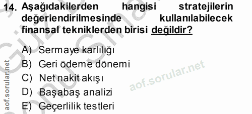 14. soru: Aşağıdakilerden hangisi stratejilerin değerlendirilmesinde kullanılabilecek finansal tekniklerden birisi değildir? A)…