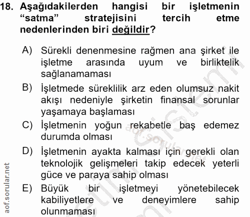 18. soru: Aşağıdakilerden hangisi bir işletmenin "satma" stratejisini tercih etme nedenlerinden biri değildir? A) Sürekli denen…