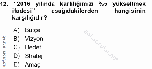 12. soru: "2016 yılında kârlılığımızı %5 yükseltmek ifadesi" aşağıdakilerden hangisinin karşılığıdır? A) Bütçe B) Vizyon C) Hed…