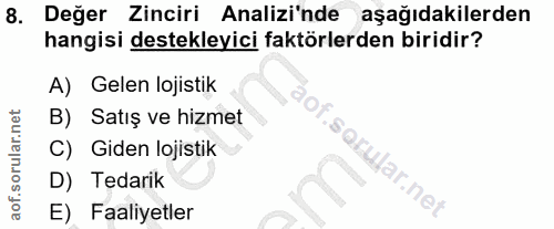 8. soru: Değer Zinciri Analizi'nde aşağıdakilerden hangisi destekleyici faktörlerden biridir? A) Gelen lojistik B) Satış ve hi…