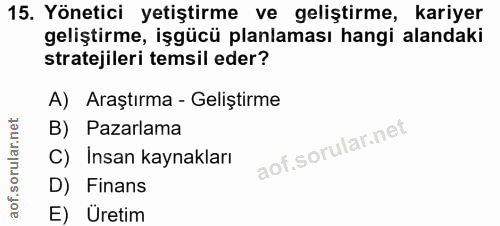 15. soru: Yönetici yetiştirme ve geliştirme, kariyer geliştirme, işgücü planlaması hangi alandaki stratejileri temsil eder? A)…