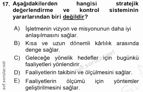 17. soru: Aşağıdakilerden hangisi stratejik değerlendirme ve kontrol sisteminin yararlarından biri değildir? A) Işletmenin vizy…