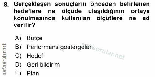 8. soru: Gerçekleşen sonuçların önceden belirlenen hedeflere ne ölçüde ulaşıldığının ortaya konulmasında kullanılan ölçütlere…