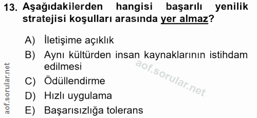 13. soru: Aşağıdakilerden hangisi başarılı yenilik stratejisi koşulları arasında yer almaz? A) Iletişime açıklık B) Aynı kültür…