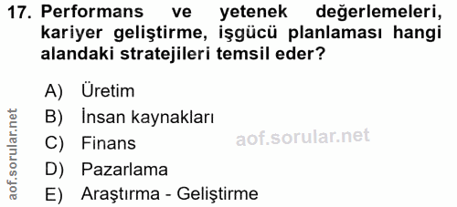 17. soru: Performans ve yetenek değerlemeleri, kariyer geliştirme, işgücü planlaması hangi alandaki stratejileri temsil eder? A…