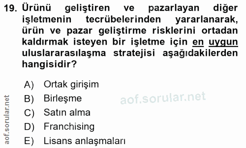 19. soru: Urünü geliştiren ve pazarlayan diger işletmenin tecrübelerinden yararlanarak, ürün ve pazar geliştirme risklerini ort…