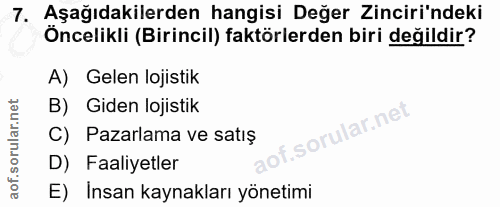 7. soru: Aşağıdakilerden hangisi Değer Zinciri'ndeki Öncelikli (Birincil) faktörlerden biri değildir? A) Gelen lojistik B) Gid…