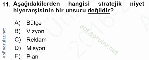 11. soru: Aşağıdakilerden hangisi stratejik niyet hiyerarşisinin bir unsuru değildir? A) Butçe B) Vizyon C) Reklam D) Misyon E…