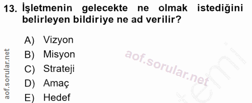 13. soru: İşletmenin gelecekte ne olmak istediğini belirleyen bildiriye ne ad verilir? A) Vizyon B) Misyon C) Strateji D) Amaç…