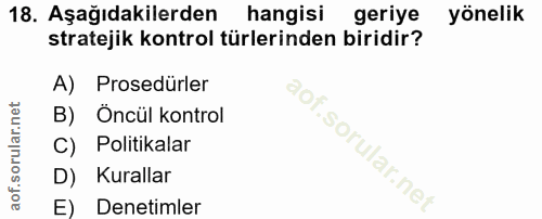 18. soru: Aşağıdakilerden hangisi geriye yönelik stratejik kontrol türlerinden biridir? A) Prosedürler B) Öncül kontrol C) Poli…