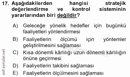 17. soru: Aşağıdakilerden hangisi stratejik değerlendirme ve kontrol sisteminin yararlarından biri değildir? A) Geleceğe yöneli…