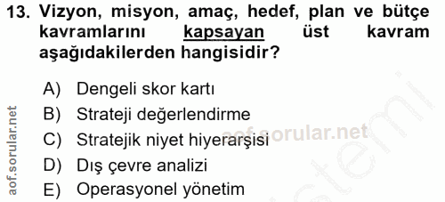 13. soru: Vizyon, misyon, amaç, hedef, plan ve bütçe kavramlarını kapsayan üst kavram aşağıdakilerden hangisidir? A) Dengeli sk…