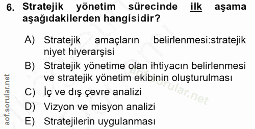 6. soru: Stratejik yönetim sürecinde ilk aşama aşağıdakilerden hangisidir? A) Stratejik amaçların belirlenmesi:stratejik niyet…