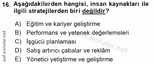 16. soru: Aşağıdakilerden hangisi, insan kaynakları ile ilgili stratejilerden biri değildir? A) Egitim ve kariyer geliştirme B)…