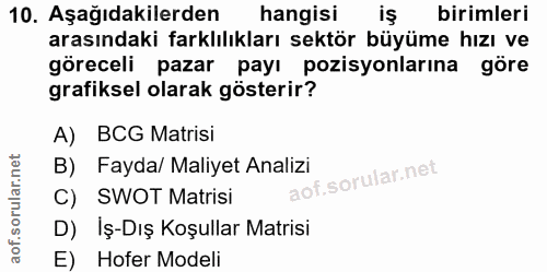 10. soru: Aşağıdakilerden hangisi iş birimleri arasındaki farklılıkları sektör büyüme hızı ve göreceli pazar payı pozisyonların…