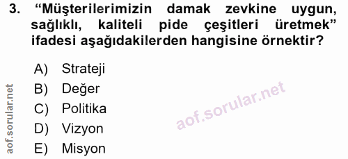3. soru: "Müşterilerimizin damak zevkine uygun, sağlıklı, kaliteli pide çeşitleri üretmek" ifadesi aşağıdakilerden hangisine ö…