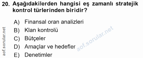 20. soru: Aşağıdakilerden hangisi eş zamanlı stratejik kontrol türlerinden biridir? A) Finansal oran analizleri B) Klan kontrol…