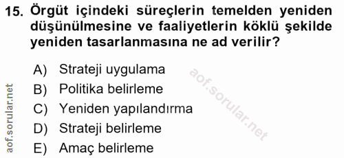 15. soru: Örgüt içindeki süreçlerin temelden yeniden düşünülmesine ve faaliyetlerin köklü şekilde yeniden tasarlanmasına ne ad…