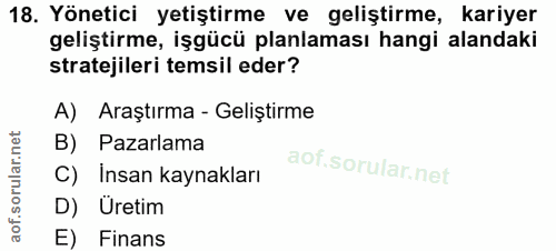 18. soru: Yönetici yetiştirme ve geliştirme, kariyer geliştirme, işgücü planlaması hangi alandaki stratejileri temsil eder? A)…