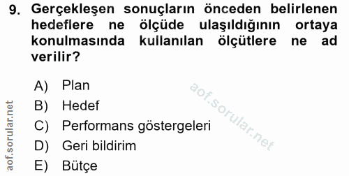 9. soru: Gerçekleşen sonuçların önceden belirlenen hedeflere ne ölçüde ulaşıldığının ortaya konulmasında kullanılan ölçütlere…