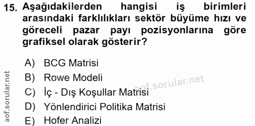 15. soru: Aşağıdakilerden hangisi iş birimleri arasındaki farklılıkları sektör büyüme hızı ve göreceli pazar payı pozisyonların…