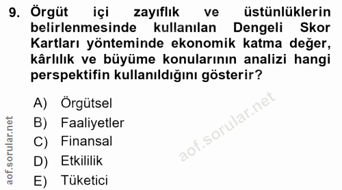 9. soru: Örgüt içi zayıflık ve üstünlüklerin belirlenmesinde kullanılan Dengeli Skor Kartları yönteminde ekonomik katma deger,…