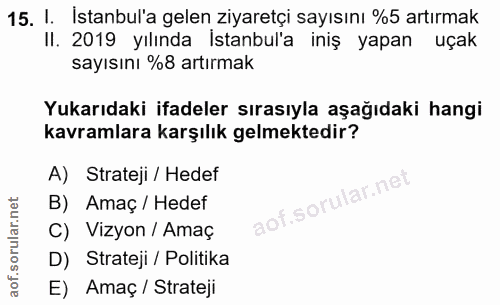 15. soru: I. İstanbul'a gelen ziyaretçi sayısını %5 artırmak II. 2019 yılında İstanbul'a iniş yapan uçak sayısını %8 artırmak Y…