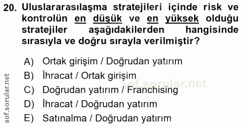 20. soru: Uluslararasılaşma stratejileri içinde risk ve kontrolün en düşük ve en yüksek olduğu stratejiler aşağıdakilerden hang…