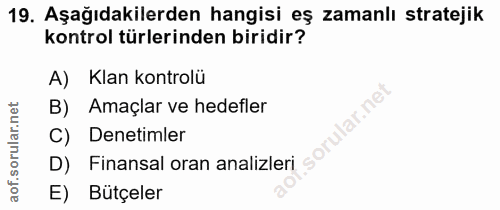 19. soru: Aşağıdakilerden hangisi eş zamanlı stratejik kontrol türlerinden biridir? A) Klan kontrolü B) Amaçlar ve hedefler C)…
