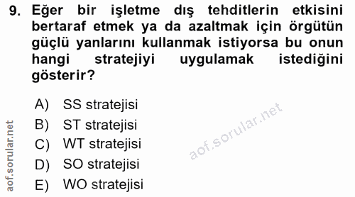 9. soru: Eğer bir işletme dış tehditlerin etkisini bertaraf etmek ya da azaltmak için örgütün güçlü yanlarını kullanmak istiyo…